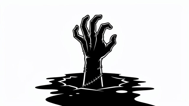 Black vector zombie hand with stitches rising from dark puddle silhouette illustration, concept for halloween posters, horror themes and event banners