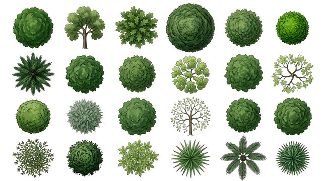 Top view set of green trees, bushes, palms, foliage, shrubs, and garden plants isolated on black background for architectural site rendering, master plan landscape design, topdown game asset, map diag