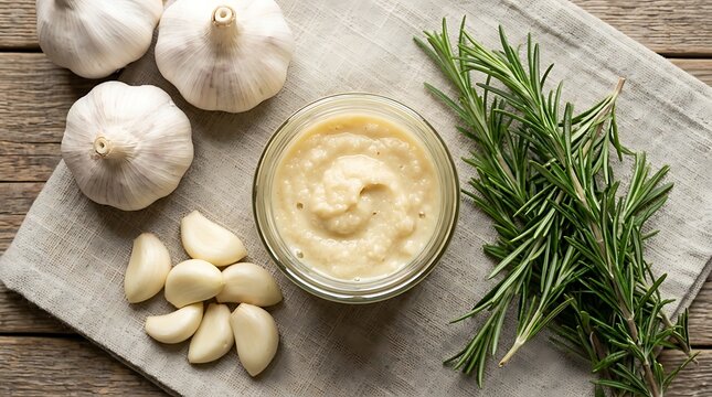 Freshly made creamy garlic paste in a glass jar with whole bulbs cloves and green rosemary sprigs on a rustic wooden surface and linen napkin