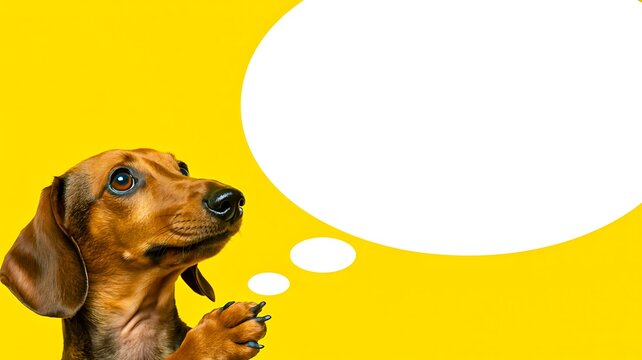 Curious dachshund dog thinking against bright yellow background with speech bubble