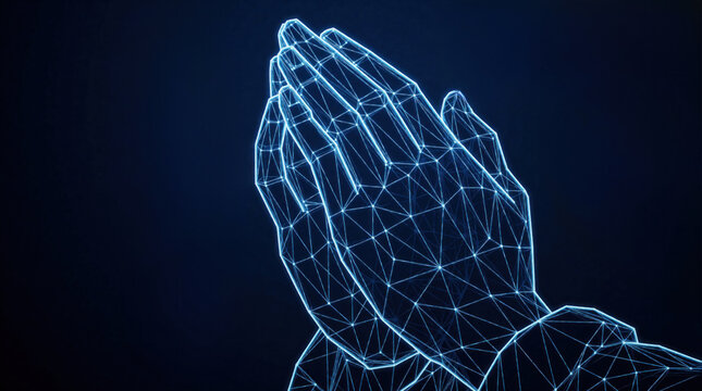 Digital wireframe praying hands form abstract glowing blue polygon mesh against dark background. Futuristic spiritual concept shows connection and faith in modern technology.