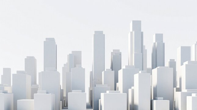 Abstract white cityscape with minimalist skyscrapers and geometric structures. Clean, modern urban design represents future city development and architecture.