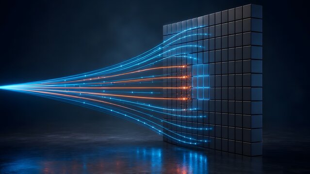 Glowing fiber optic light beams penetrating a digital block matrix symbolizing high speed network connection and data injection