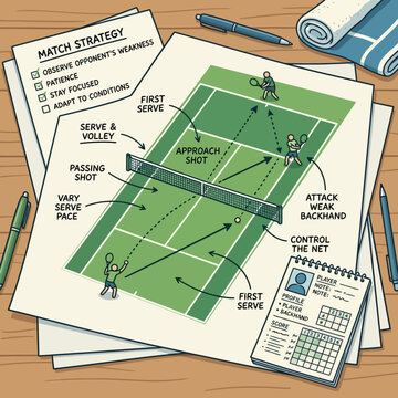 Tennis Match Strategy Diagram Illustrating Game Plays And Tactics