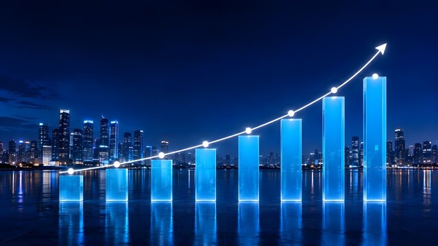 Glowing blue financial bar chart trending upwards over a modern city skyline reflecting market growth and economic success