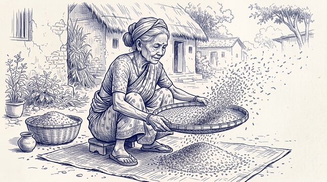 Woman winnowing grain in a traditional village sketch.