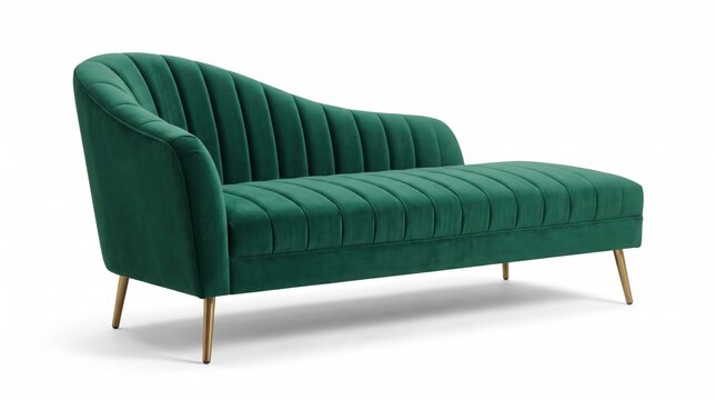 Elegant green velvet chaise lounge sofa with gold metal legs
