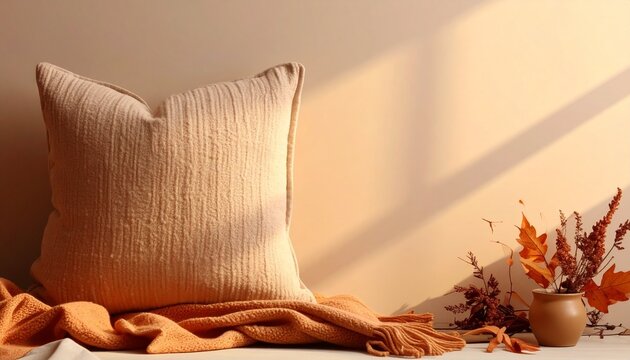 Cozy Autumn Interior with Beige Textured Pillow and Orange Blanket Lifestyle Concept