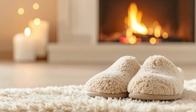 Fluffy Beige Slippers on Soft Rug Near Fireplace Cozy Home Comfort Concept