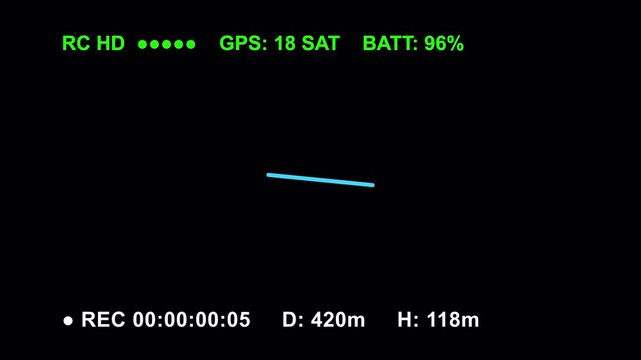 Aerial Drone Camera Video Recording Screen FPV OSD Overlay with Gimbal Horizon Gauge and Telemetry Distance Animation 10 Seconds Loop on Alpha Channel 4K