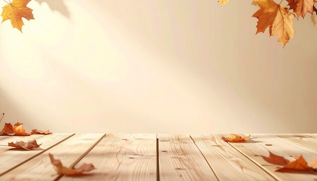 Autumn Fallen Maple Leaves on Rustic Wooden Table with Warm Background Product Display Concept