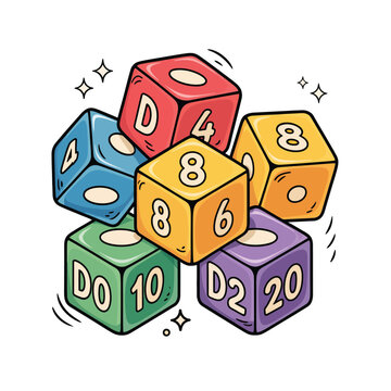 Collection of colorful polyhedral gaming dice featuring various numbers, vibrant hues, and sparkling accents in a fun, hand-drawn doodle style