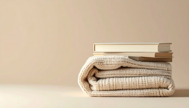 Cozy folded knit blanket with stacked books on beige background lifestyle concept