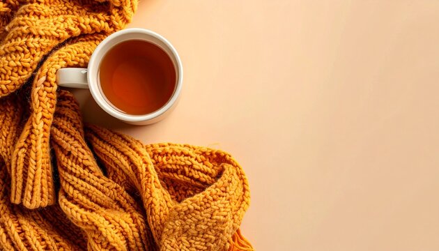 Cozy Autumn Flat Lay with Warm Tea Mug and Knit Scarf on Beige Background