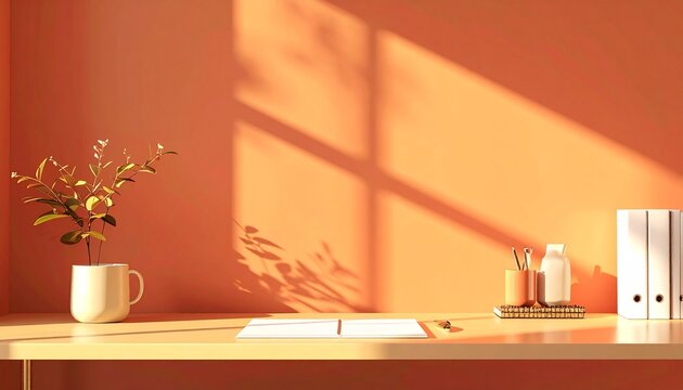 Warm Orange Home Office Desk with Plant and Stationery Business Workspace Concept