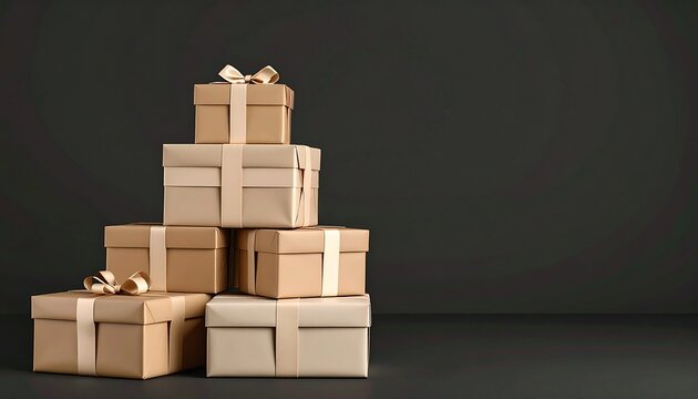 Stacked Luxury Gift Boxes with Ribbon Bow on Dark Background Holiday Shopping Concept