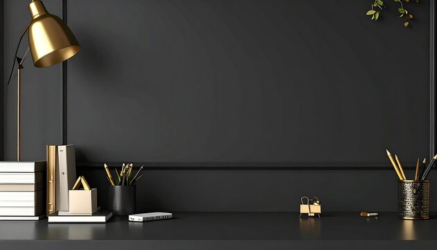 Elegant dark home office desk with gold lamp and stationery workspace concept