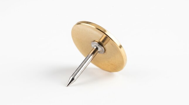 A single brass push pin sitting on a flat surface