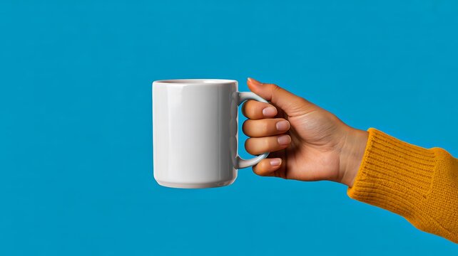 Hand holding white coffee mug against a bright blue background