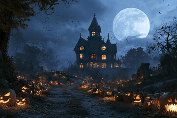 Obraz premium Creepy pumpkin patch beside haunted mansion glowing jack o lanterns under full moonlight with bats flying