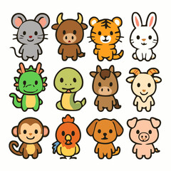 Fototapeta premium Grid of twelve colorful chibi Chinese zodiac animals with thick outlines and friendly expressions. Perfect for Lunar New Year projects or kids educational material.