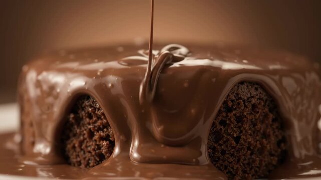 Liquid chocolate pouring over a rich round chocolate cake in macro close up. Food commercial concept.
