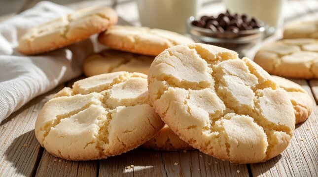 Cracked vanilla cookies sit on a rustic wooden table. Nearby are milk, chocolate chips, and a linen napkin. Perfect for breakfast or a snack.