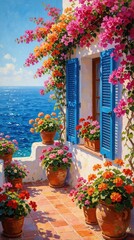Obraz premium Sunny Mediterranean terrace with blue shutters, vibrant flowers, and ocean view. Whitewashed building facade overlooks the blue sea, creating a peaceful coastal scene.