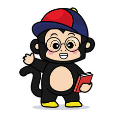 Obraz premium Cute Cartoon Monkey Student Mascot Wearing Glasses and Cap Holding a Book and Waving Vector Illustration Isolated on White