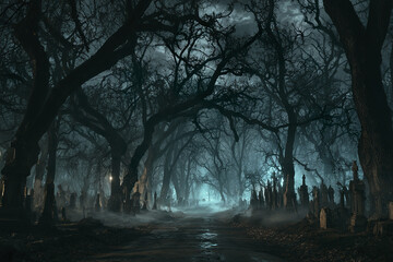 Obraz premium Dark cemetery road disappearing into fog with crooked gravestones and twisted bare trees creating mysterious eerie atmosphere