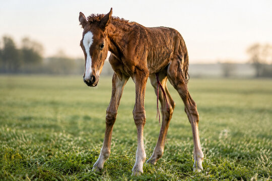 Newborn foal standing shakily on long legs with umbilical cord in grassy field.