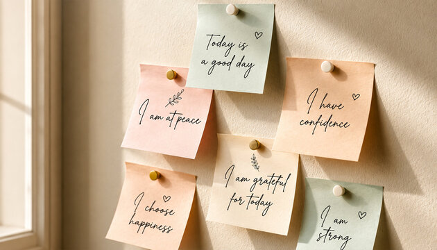 Positive affirmation sticky notes arranged on light colored wall near window