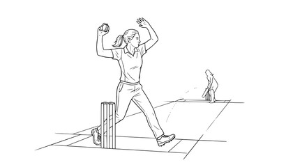 Fototapeta premium Hand Drawn Cricket Player Celebration Line Art Sports Action Illustration with Wicket and Stumps