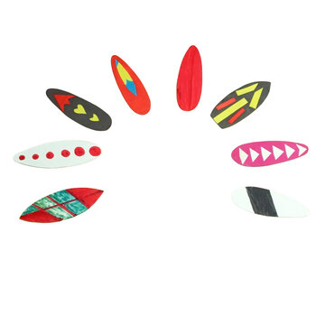 Vibrant geometric shapes in red, pink, yellow, teal, and purple, abstract colorful patterns. A Set of surf-boats made by multi color trending torn paper