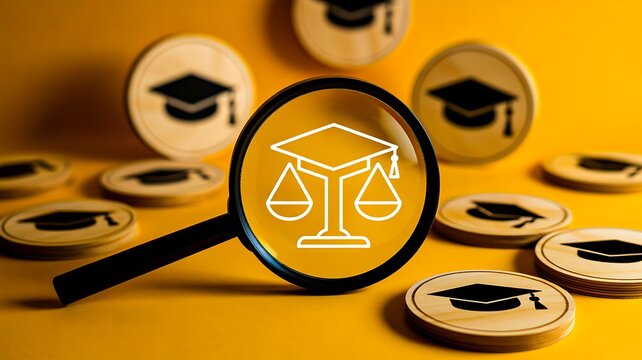 Magnifying glass with education symbols representing academic research, law, and learning
