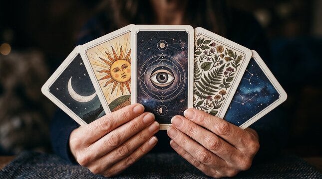 Hands holding a fan of mystical tarot cards with sun and moon illustrations