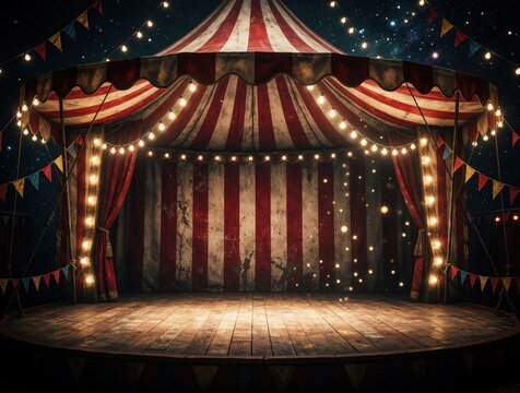 Retro circus tent stage with red and white stripes and string lights at night. Bunting flags hang above wooden boards. Entertainment venue scene.