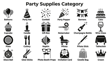 Fototapeta premium Set of party supplies icons featuring celebration items like balloons cake and decorations for festive event planning isolated on white