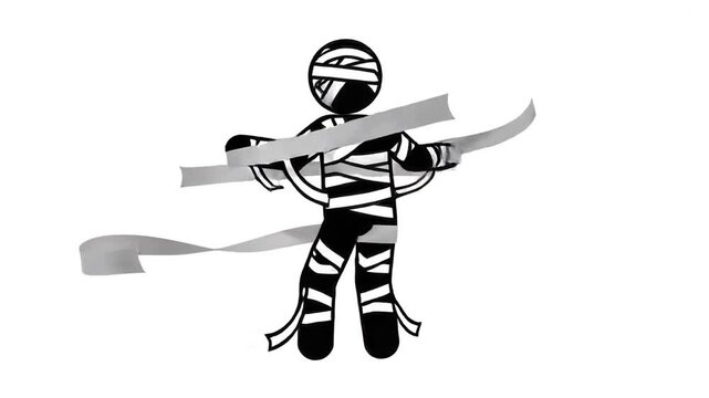 Animated Black and White Stick Figure Wrapped Mummy Spinning Concept
