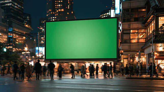 Futuristic city street featuring enormous empty bright green billboard glowing above busy urban crowd at night