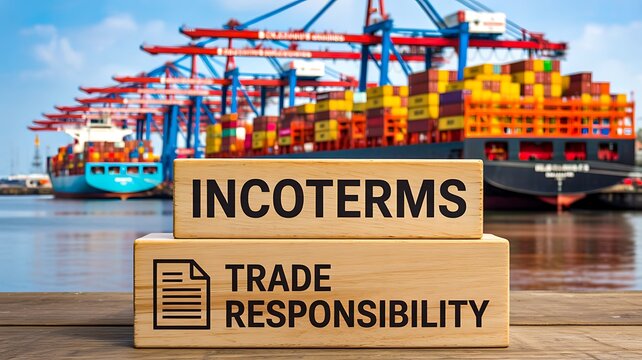 Incoterms trade responsibility concept with shipping containers at a busy international port
