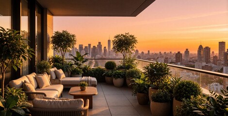 Obraz premium Luxury balcony setting overlooks a bright city skyline at sunset time. Potted plants and stylish lounge chairs create an urban oasis for evening relaxation.