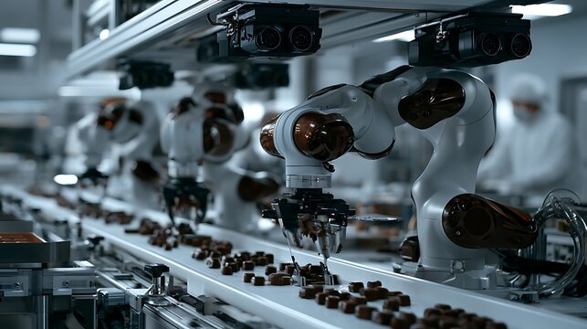 High-Speed Picking food manufacturing facility, overhead perspective on trio of delta spider robots performing ultra-high-speed confectionery picking operation, product flow on white conveyor 