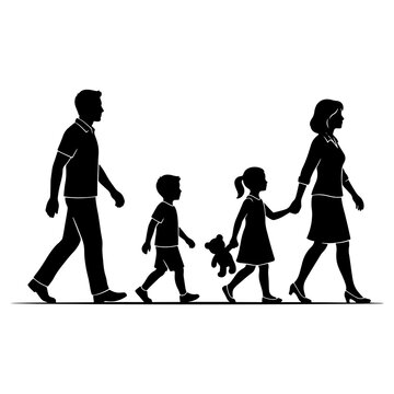 Parents Walking with Children Family Silhouette on White