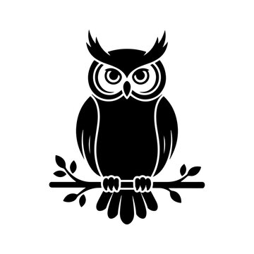 Wise Owl Perched on Branch Vector Silhouette Icon