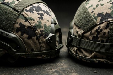 Naklejka premium Two tactical helmets with camouflage pattern sit side by side on dark rough surface. Protective headgear for combat or outdoor use. Military or airsoft gear.