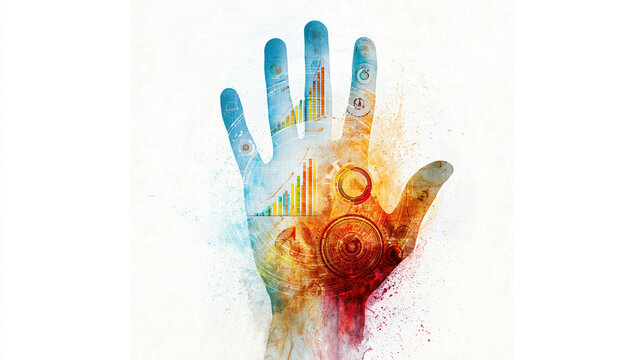 Raised human hand abstract financial data visualization and circular interface create colorful conceptual technology illustration