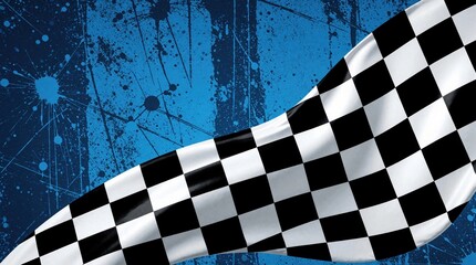 Fototapeta premium Checkered racing flag waves over grunge blue background with paint splatters. Symbol of victory, speed and competition in motorsport events. Ideal for banners.