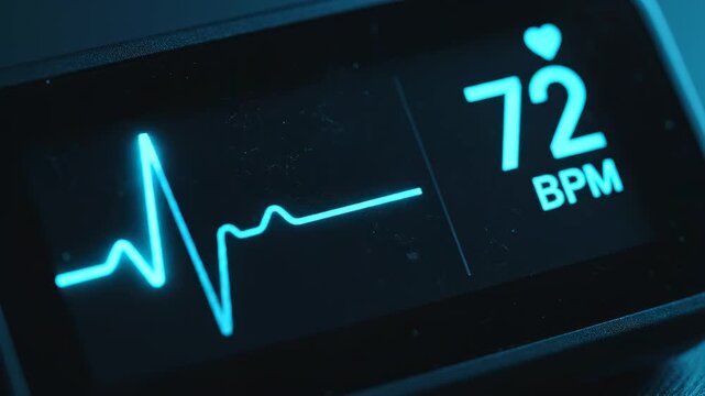 Heartbeat monitor displaying 72 bpm during a medical diagnostic procedure with cinematic motion and shallow depth of field