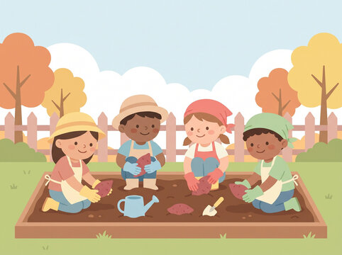  Kindergarten Children Harvesting Sweet Potatoes in Nursery Garden Plot
